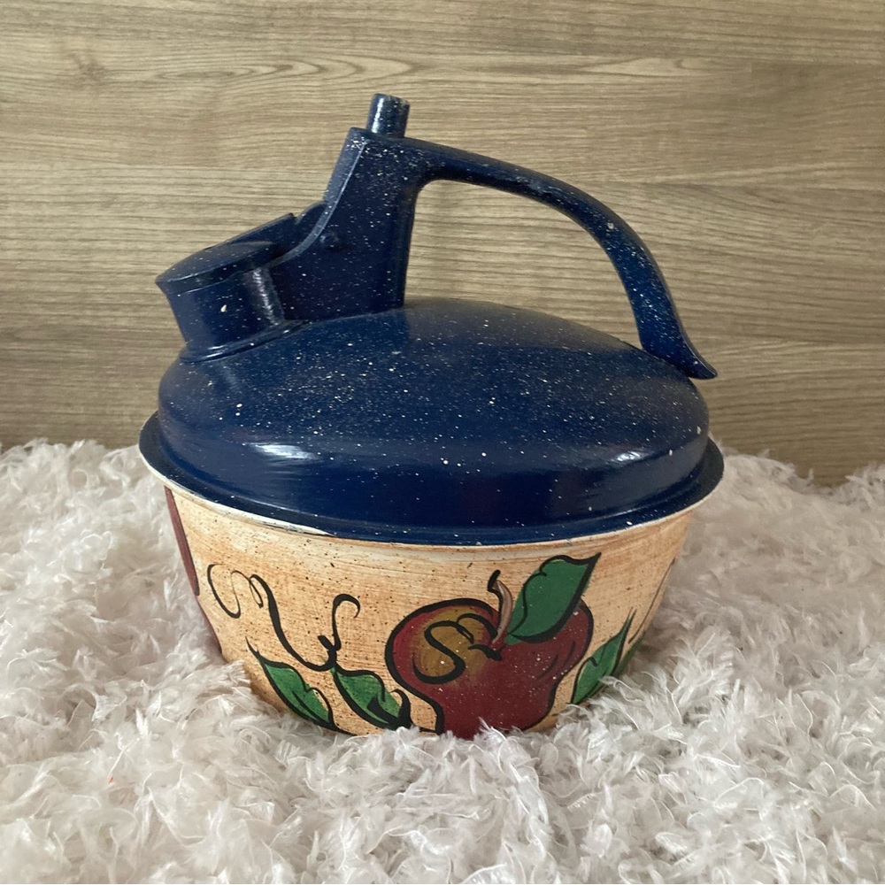 Vintage Tole Hand painted Apple and Navy Blue Teapot